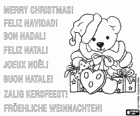 Kerstkaart met teddybeer verkleed als kerstman