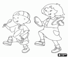 Caillou en zijn vriendin Sara spelen bij het maken van muziek met potten