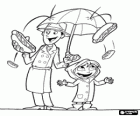 De regen van voedsel is aangekomen, een man met een paraplu en zijn dochter blij met de regen van hotdogs