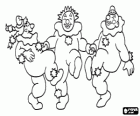 Drie clowns springen en dansen