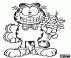 Garfield elegant met Valentijnsdag cadeautjes, een boeket bloemen en een groot hart
