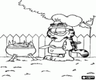 Garfield voorbereiding van een barbecue in de tuin