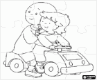 Puzzel van Caillou gemonteerd in een kleine speelgoed auto samen met zijn zus Rosie