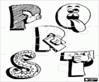 Puzzel van letters P, Q, R en S met grappige tekeningen
