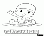 Pocoyo zittend op de vloer en het maken van een tekening op een vel papier