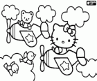 Hello Kitty en teddybeer op zijn vliegtuigen vliegen tussen de wolken en vogels