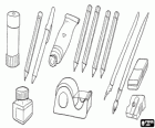 School keukengerei, schoolbenodigdheden: lijm, potloden, pen, penseel, uitspraak pen en inkt, gum, puntenslijper, plakband