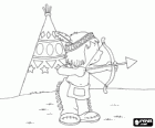 Indiase jongen oefenen met pijl en boog in het kamp van de stam
