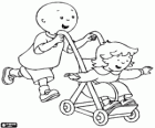 Caillou het nemen van een wandeling met zusje in de wandelwagen