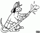 Een hond brandweerman met de slang