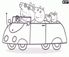 Peppa Pig met haar familie in de auto: Daddy Pig, mama Varken en George Varken, haar jonge broertje