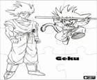 Dragon Ball Puzzel. Puzzel van Goku kind springen en Goku volwassene, een mens met aap staart