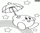 Kirby met een paraplu vliegen tussen de sterren en de regenboog