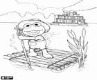 Baby Kermit de kikker als Tom Sawyer en Huckleberry Finn op een vlot van hout van de oude Mississippi