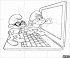 De Smurfen, film puzzel. Puzzel van Grote Smurf en Brilsmurf ontdekken een laptop