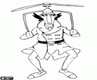 De Inspector Gadget met behulp van een van zijn gadgets, de helikopter uit de hoed