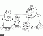 De familie van de varkens spelen met de plassen. Peppa Big, Peppa Pig