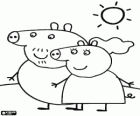 De ouders van Peppa Pig lopen onder de zon
