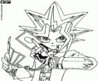 Yugi met het Duel Monsters spel kaarten. Yu-Gi-Oh