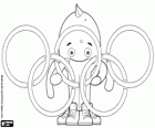 Een kleurende pagina van de leuke octopus Pypus die met olympische ringen speelt