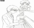 Taro Mitsuki en Hanon in de piano klasse, personages uit Mermaid Melody Pichi Pichi Pitch