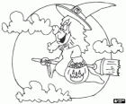De nacht van Halloween, een heks op haar magische bezem