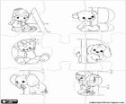 Puzzel van Hoofdletters van A tot F met de Alfabet babys en dieren