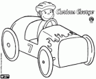 Curious George in een racewagen