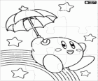 Kirby puzzel met een paraplu vliegen tussen de sterren en de regenboog