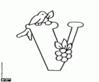 Letter V met een vogeltje en een tros van fruit