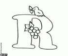 Hoofdletter R met een vogel en klein fruit