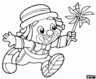 De clown Patatá spelen met een pinwheel