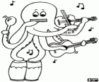 Een Octopus die verschillende instrumenten speelt. Een eenmansorkest, een één-octopus orkest