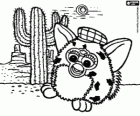 Een Furby en een cactus in de woestijn met bergen op de achtergrond