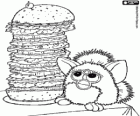 Een hongerige Furby met een grote hamburger