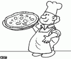 Een pizza-maker, een pizzaiolo, een chef-kok die pizza's maakt