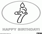 Zeven jaar. Gefeliciteerd! Zeven kaarsen op de verjaardagscake of een nummer zeven met een kaars