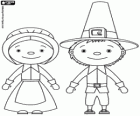 Een Pilgrims familie, de man en de vrouw. De traditie van Thanksgiving day