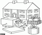 Een paar Kerstcadeaus, een huis van poppen, een pop en andere geschenken te openen