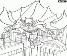 De vleermuis man, de superheld Batman beweegt boven de gebouwen van Gotham City
