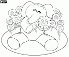 De vriendin van Pocoyo, de olifant Elly zittend op de grond tussen de bloemen