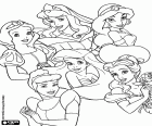 Groep van zes prinsessen van de magische wereld: Sneeuwwitje, prinses Aurora of Doornroosje, Prinses Jasmine, Assepoester, de kleine zeemeermin Ariel en prinses Belle