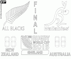 All Blacks tegen Wallabies, finale van 2015 Wereldkampioenschap Rugby, Nieuw-Zeeland vs Australië, 31 oktober in het stadion in Twickenham in Londen, Engeland. De All Blacks van Nieuw-Zeeland won de eerste halve finale tegen de Springboks van Zuid-Afrika. De Wallabies van Australië versloeg de Jaguars van Argentinië in de tweede halve finale