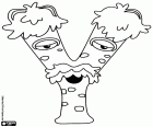 De letter Y en is een oud en moe monster gezien vanaf de voorkant. De Y is een monster met een snor en slaperige ogen