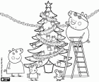 De Peppa Pig familie bereidt de Kerstmis festiviteiten. Peppa Pig en haar familie met de gedecoreerde kerstboom