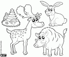 Tekening om in te kleuren met drie dieren van het bos als een eland, een wild zwijn en een haas