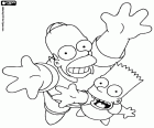 Homer Simpson en Bart Simpson glimlachen en op zoek naar boven, de protagonisten van de beroemde animatie serie gemaakt door Matt Groening