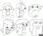 De letters van de monsters van A tot F. De monsterlijke letters A, B, C, D, E, F