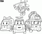 De vier belangrijkste personages van Robocar Poli: Robovan Amber, Robocopter Helly, Robotruck Roy en Robocar Poli