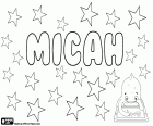 Micah, mannelijk naam, variant van Micaiah en Micajah, benaming van oorsprong van de bijbelse Hebreeuws. Micah, naam ook gebruikt voor meisjes, de naam van een bijbelse karakter, de dochter van koning Saul